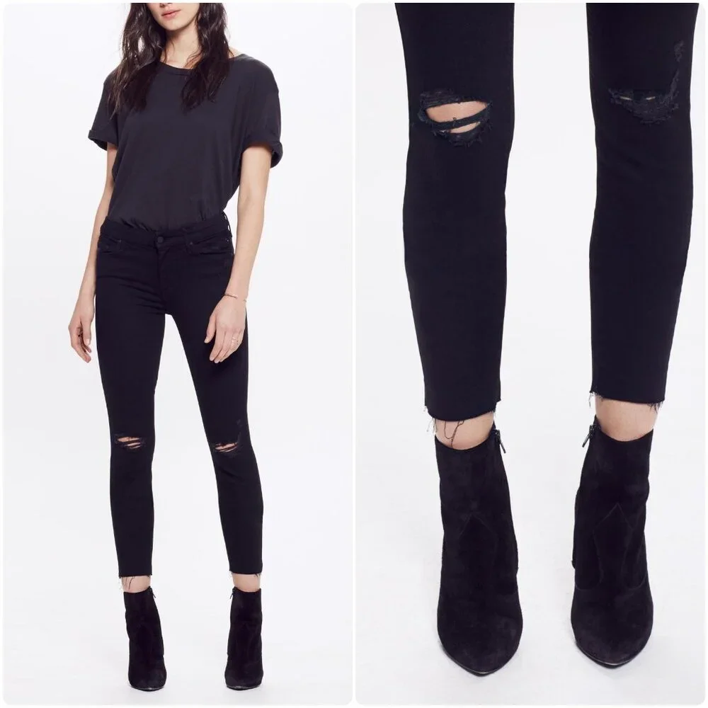 NWT Mother The Looker Ankle Fray Guilty As Sin Distressed Black Skinny Jeans 24
